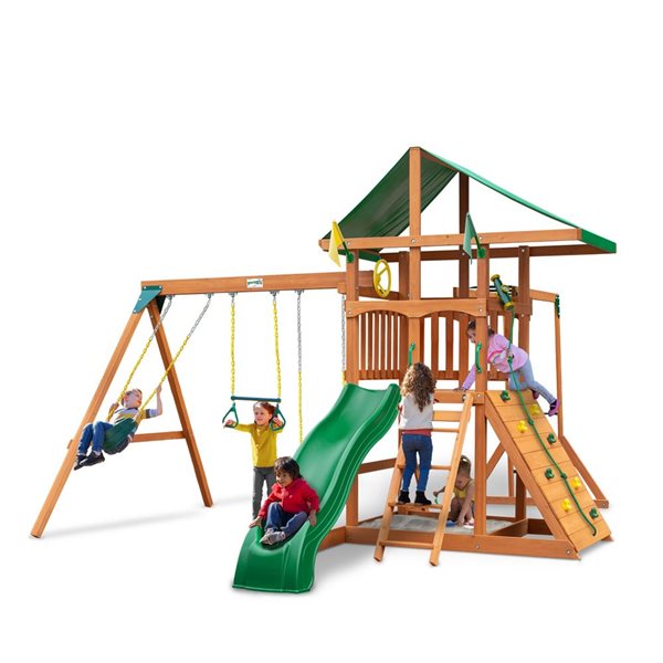 Gorilla Playsets Outing Wooden Play Set w/ Monkey Bars, Rock Wall, Wave Slide, Swing and Vinyl Canopy