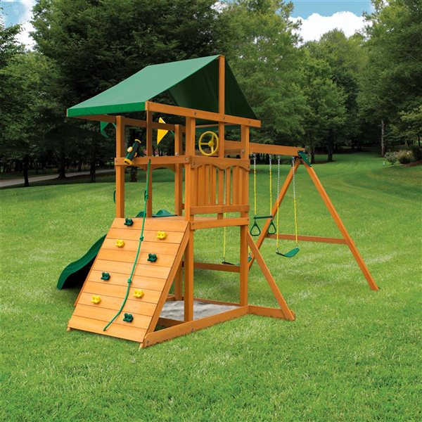 Gorilla Playsets Outing Wooden Play Set w/ Rock Wall, Wave Slide, Swing and Vinyl Canopy