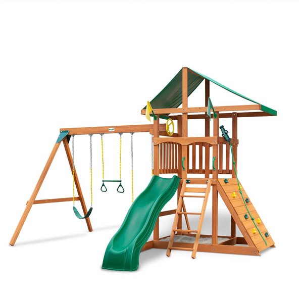 Gorilla Playsets Outing Wooden Play Set w/ Rock Wall, Wave Slide, Swing and Vinyl Canopy