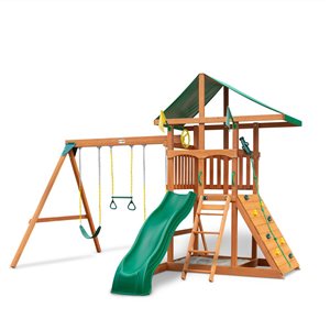 Gorilla Playsets Outing Wooden Play Set w/ Rock Wall, Wave Slide, Swing and Vinyl Canopy