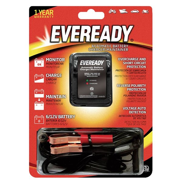 Eveready 1-A Automatic 6-volt/12-volt Battery Charger/Maintainer - Black