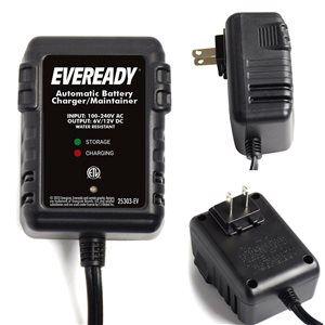 Chargeur/mainteneur de charge automatique de batterie 6 volts/12 volts Eveready 1 A, noir