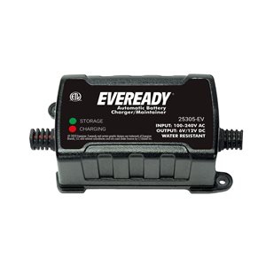 Chargeur/mainteneur de charge automatique de batterie 6 volts/12 volts Eveready 0,75 A, noir