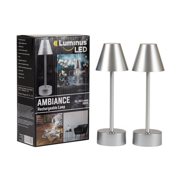 Luminus Silver LED Rechargeable Ambiance Table Lamp Pair