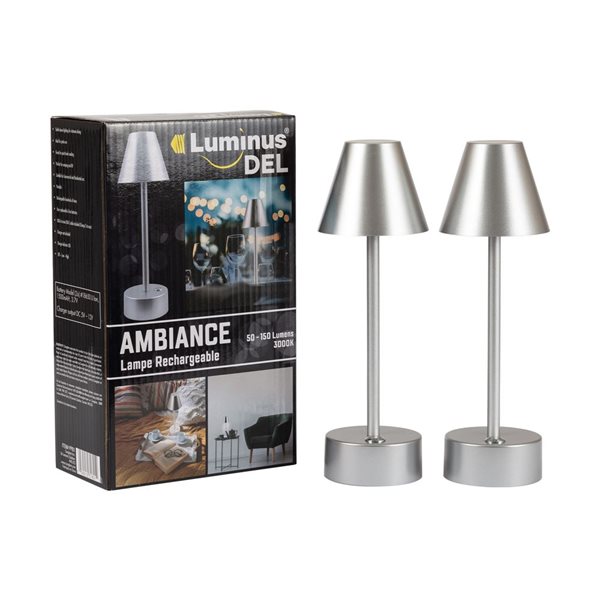 Paire de lampes de table argent d'ambiance Luminus à DEL rechargeables