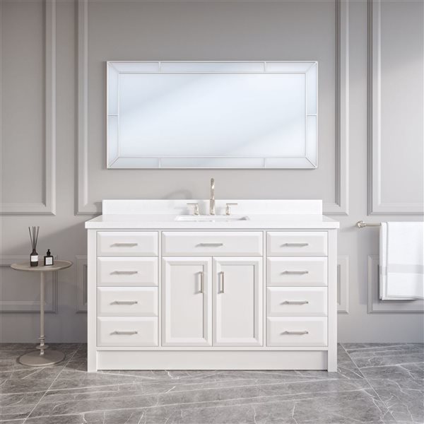 Meuble-lavabo simple autoportant Calumet II de Spa Bathe, 60 po, blanc, avec dessus en pierre blanche