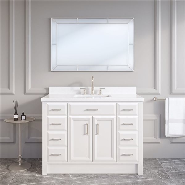 Meuble-lavabo simple autoportant Calumet II de Spa Bathe, 48 po, blanc, à évier simple, avec dessus en pierre blanche