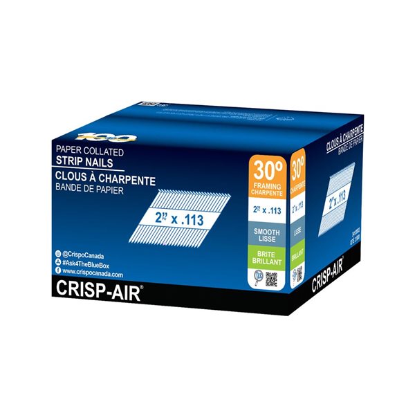 Clou en bande Brite lisse Crisp-Air, 30 degrés, 2 x 0,113 po, 2 500/paquet