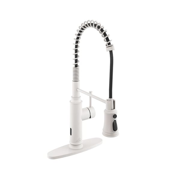 CASAINC 1-Handle Matte White Spring Pull Down Sprayer Kitchen Faucet with Infrared Induction Function and Deck Plate