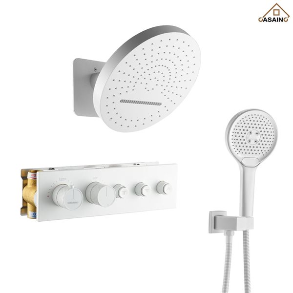 CASAINC 16-in Round Matte White Thermostatic Wall Mount Fixed and Handheld Shower Head