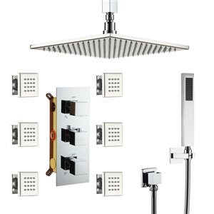 CASAINC 12-in Chrome Luxury Ceiling Mount LED Light 3-Function Thermostatic Shower  System w/ 6 Body Jets