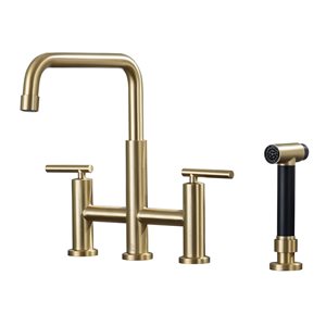 CASAINC 2-Handle Brushed Gold Bridge Kitchen Faucet with Pull-Out Side Sprayer