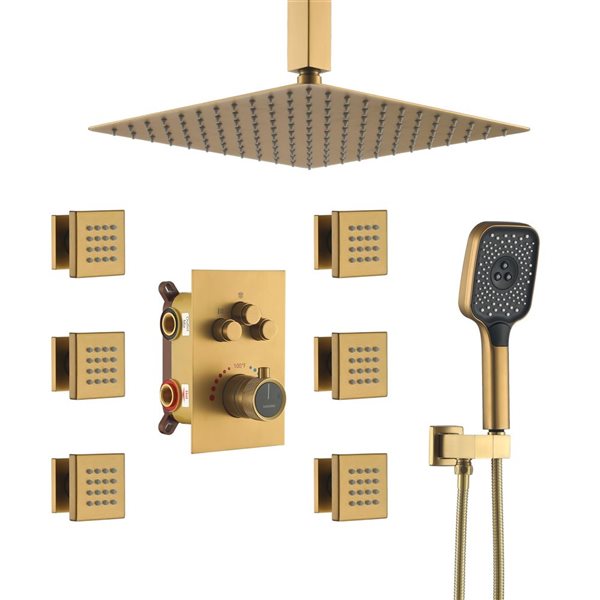 CASAINC 12-in Brushed Gold Ceiling Mount Rainfall 3-Function Thermostatic Rainfall Shower Head w/ 6 Body Jets