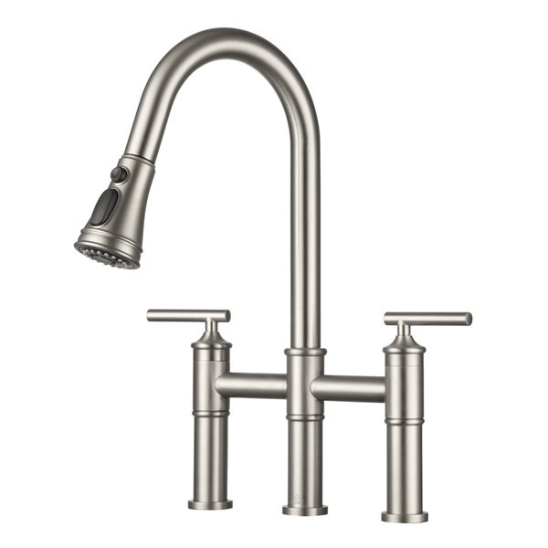 CASAINC 2-Handle Brushed Nickel Pull-Down Bridge Kitchen Faucet