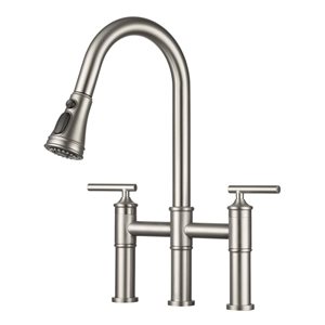 CASAINC 2-Handle Brushed Nickel Pull-Down Bridge Kitchen Faucet