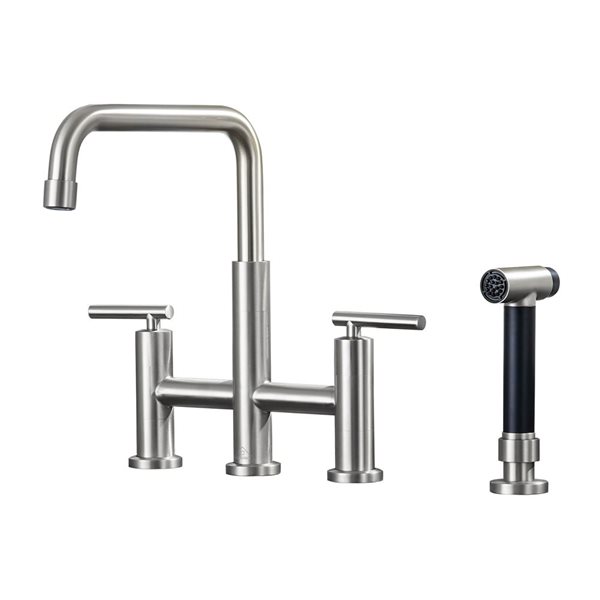 CASAINC 2-Handle Brushed Nickel Bridge Kitchen Faucet with Pull-Out Side Sprayer