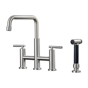 CASAINC 2-Handle Brushed Nickel Bridge Kitchen Faucet with Pull-Out Side Sprayer