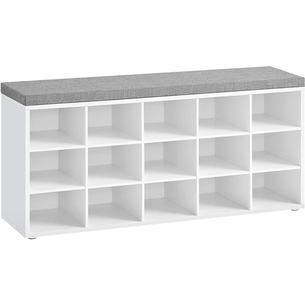 Banc à chaussures de Boutique Home 11,8 p. x 41,3 l. x 18,9 po h. en bois blanc avec coussin gris pâle