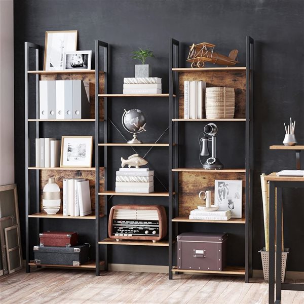 Boutique Home 62 W x 65-in H  5-Tier Rustic Brown Triple Wide Bookcase with Black Steel Frame