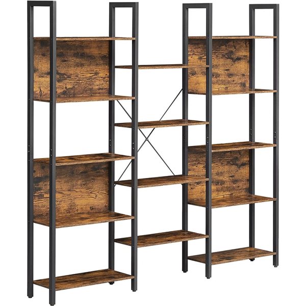 Boutique Home 62 W x 65-in H  5-Tier Rustic Brown Triple Wide Bookcase with Black Steel Frame