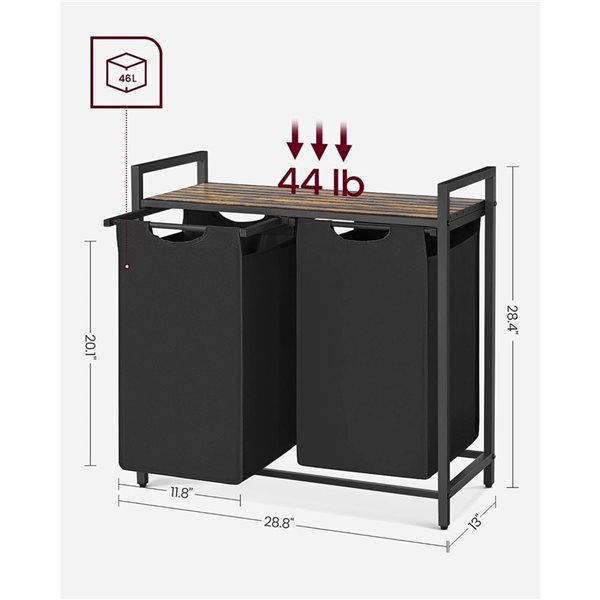 Boutique Home Black and Rustic Brown Laundry Hamper w/ Shelf and 2 Pull-Out bags