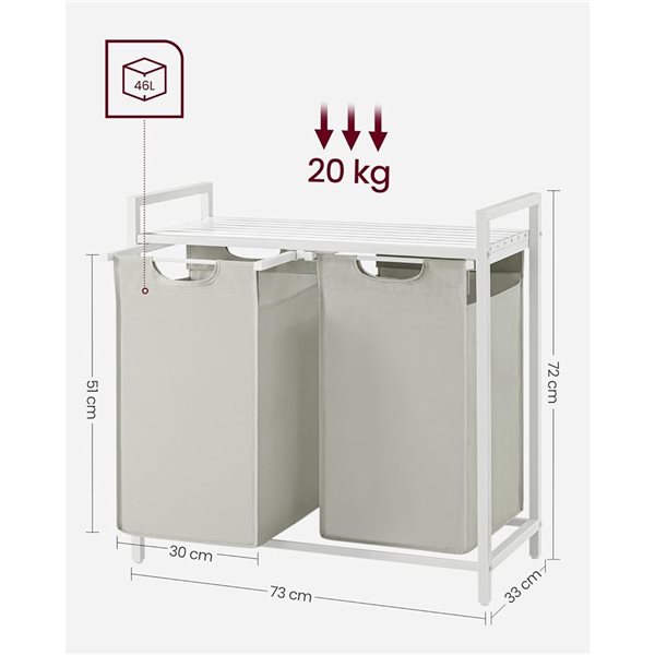 Boutique Home White Metal Frame and Grey Fabric Laundry Hamper w/ Shelf and 2 Pull-Out bags