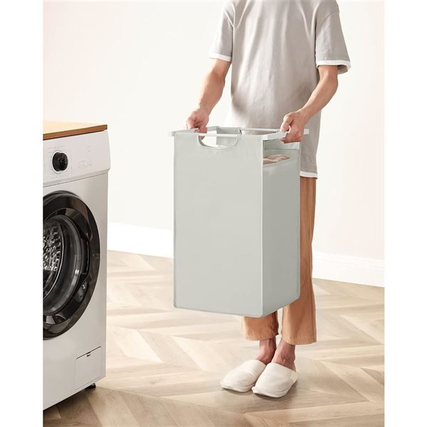 Boutique Home White Metal Frame and Grey Fabric Laundry Hamper w/ Shelf and 2 Pull-Out bags