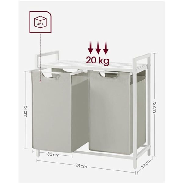 Boutique Home White Metal Frame and Grey Fabric Laundry Hamper w/ Shelf and 2 Pull-Out bags