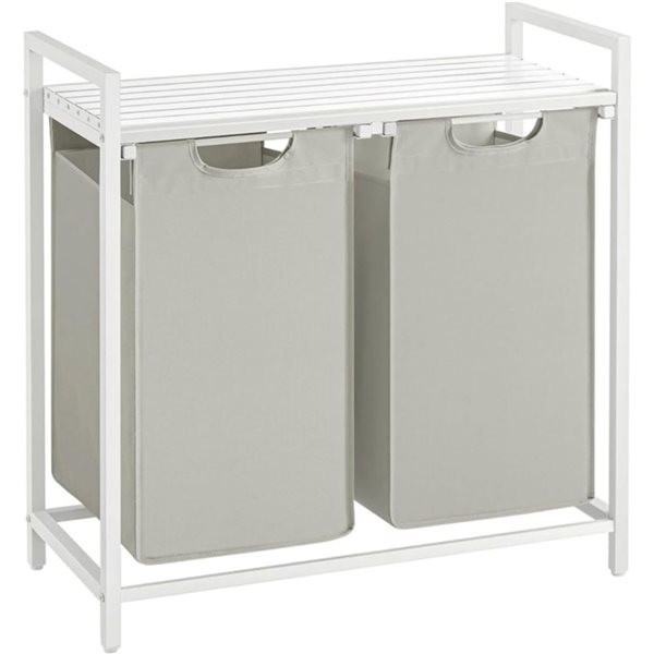 Boutique Home White Metal Frame and Grey Fabric Laundry Hamper w/ Shelf and 2 Pull-Out bags