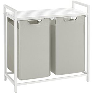 Boutique Home White Metal Frame and Grey Fabric Laundry Hamper w/ Shelf and 2 Pull-Out bags