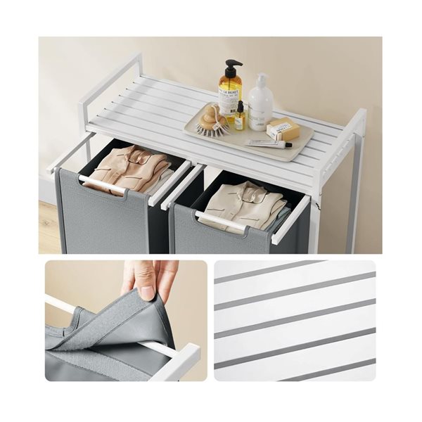 Boutique Home White Metal Frame and Dark Grey Fabric Laundry Hamper w/ Shelf and 2 Pull-Out bags