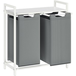 Boutique Home White Metal Frame and Dark Grey Fabric Laundry Hamper w/ Shelf and 2 Pull-Out bags