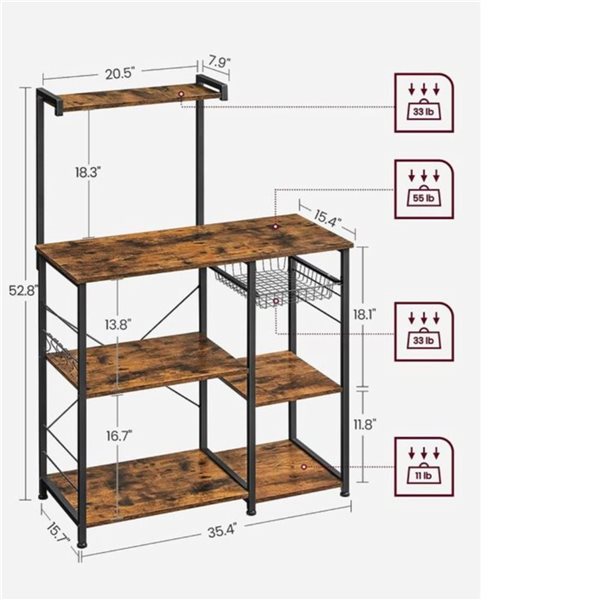 Étagère de cuisine 52 po h. de Boutique Home bois brun et métal noir avec panier en fil métallique et 6 crochets