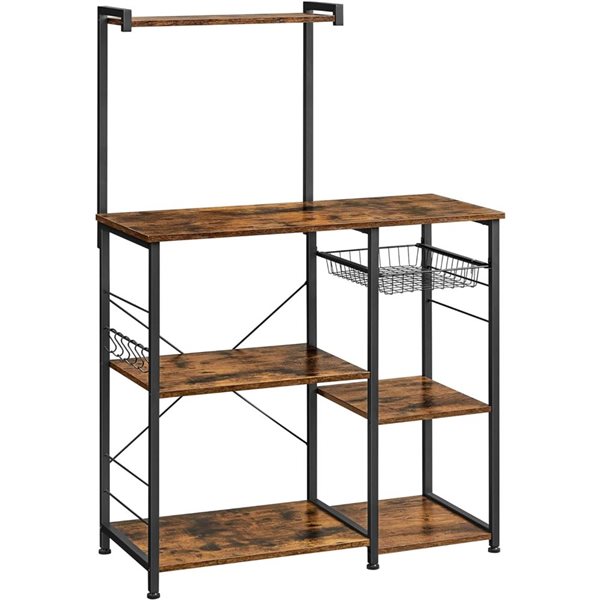 Boutique Home 52-in H Rustic Brown Wood and Black Metal Kitchen Rack with Wire Basket and 6 S-Hooks