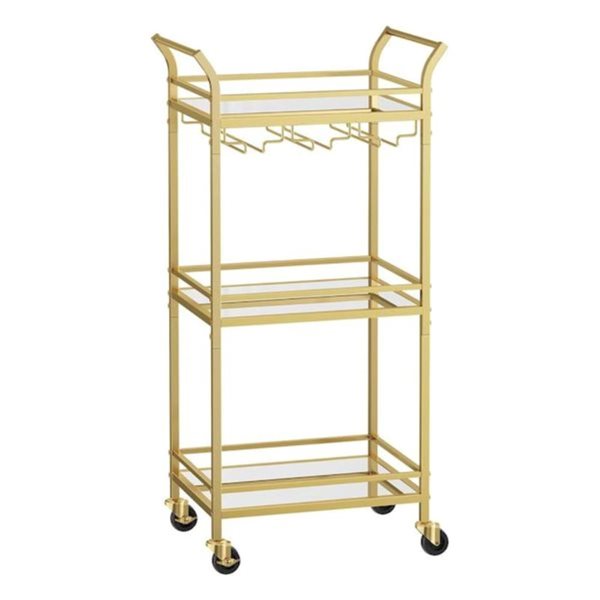 Boutique Home 3-Tier Gold Metal Contemporary Serving Cart w/ mirrored shelves and wheels