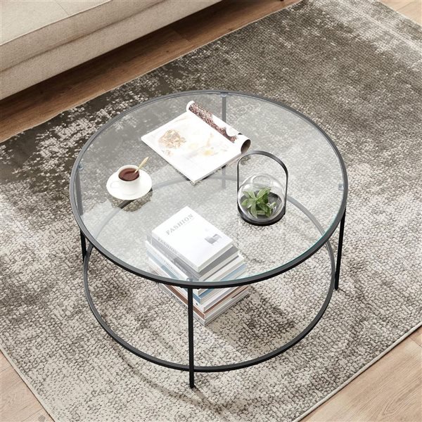 Table basse ronde contemporaine 33 po à 2 niveaux de Boutique Home cadre en métal noir et verre trempé