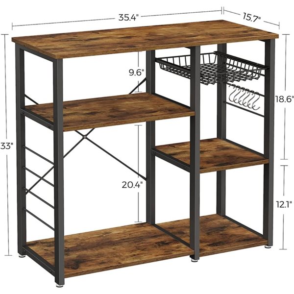 Boutique Home 33-in Rustic Brown Wood and Black Metal Kitchen Rack with Wire Basket and 6 Hooks