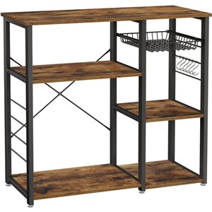 Boutique Home 33-in Rustic Brown Wood and Black Metal Kitchen Rack with Wire Basket and 6 Hooks