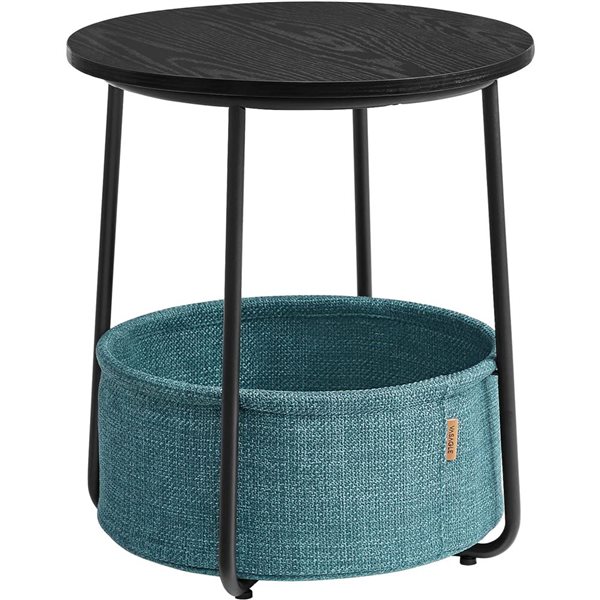 Table d'appoint ronde 18 po diamètre de Boutique Home aspect bois noir avec panier en tissu turquoise