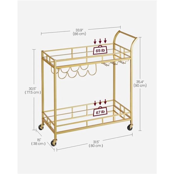 Chariot de service contemporain à 2 niveaux de Boutique Home métal doré avec tablettes miroir et roulettes