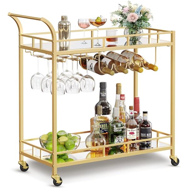 Boutique Home 2-Tier Gold Metal Contemporary Serving Cart w/ mirrored shelves and wheels