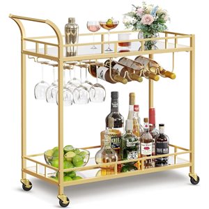 Boutique Home 2-Tier Gold Metal Contemporary Serving Cart w/ mirrored shelves and wheels