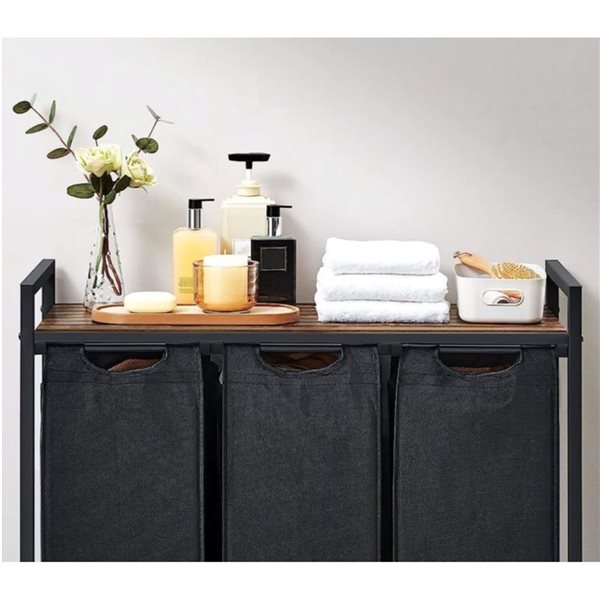 Boutique Home Black and Rustic Brown Laundry Hamper w/ Shelf and 3 Pull-Out bags