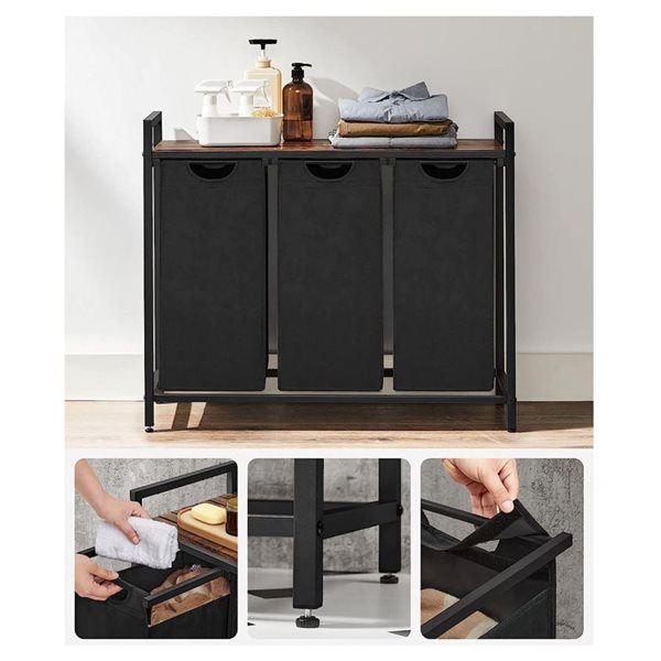 Boutique Home Black and Rustic Brown Laundry Hamper w/ Shelf and 3 Pull-Out bags