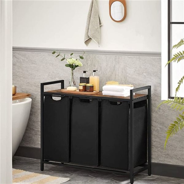 Boutique Home Black and Rustic Brown Laundry Hamper w/ Shelf and 3 Pull-Out bags