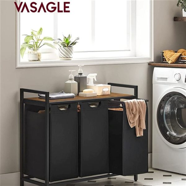 Boutique Home Black and Rustic Brown Laundry Hamper w/ Shelf and 3 Pull-Out bags