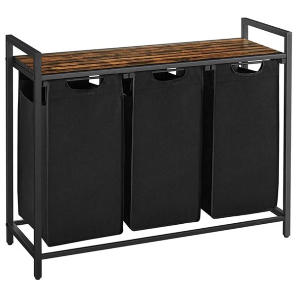 Boutique Home Black and Rustic Brown Laundry Hamper w/ Shelf and 3 Pull-Out bags