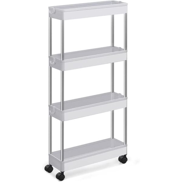 Chariot de rangement à 4 niveaux sur roues de Boutique Home 15,7 p. X 4,9 l. X 34,6 po h. plastique et métal blanc