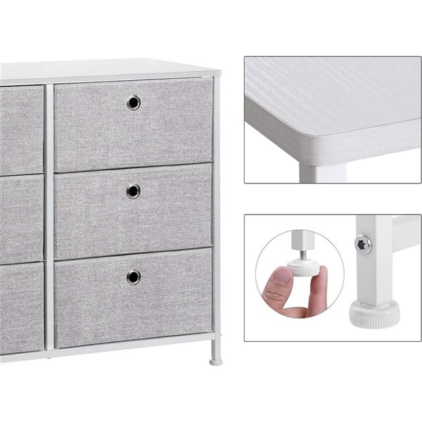 Boutique Home 6-Drawer White Wooden Tabletop and Grey Fabric Double Storage Dresser