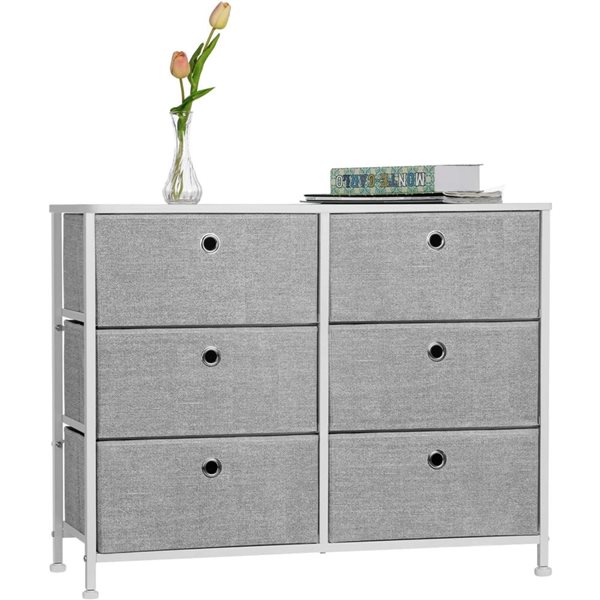 Boutique Home 6-Drawer White Wooden Tabletop and Grey Fabric Double Storage Dresser